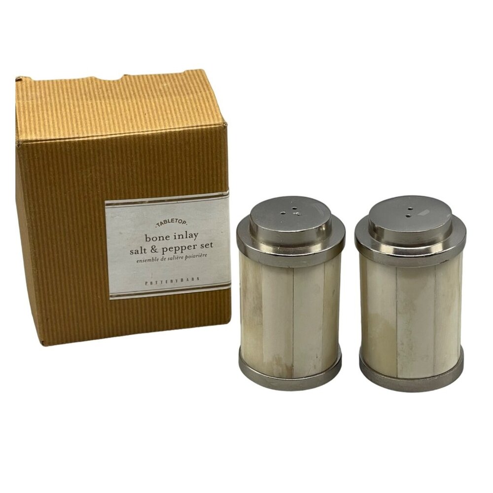 pottery barn tabletop bone inlay salt & pepper shakers set white silver READ NEW
